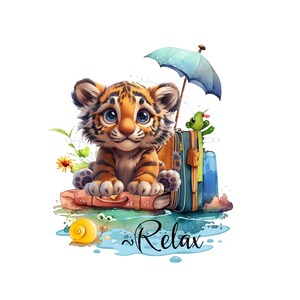 Babytijger ontspannen op het strand, wachtend om de golf te vangen, volwassen schildpad, groene en oranje bloem clipart "Ontspannen"