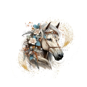 Regal White Horse PNG for Sublimation,  southern horse clipart, western stallion PNG, gold dust & flower background, wild horse sublimation.
