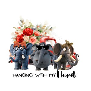 Drie olifantenvrienden, rode vintage vrachtwagen, rode bloemen en olifant, olifant clipart, png PNGEgg