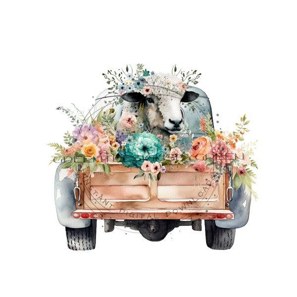 Rustic Truck Sublimation PNG - Sheep and Wildflowers - Western Farm Clipart - Digital Download