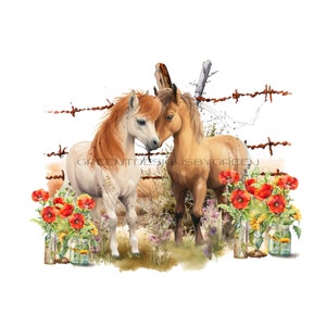 Clôture en fil de fer barbelé d'un ranch occidental avec deux poneys se frottant le nez, sublimation PNG. bouteille en verre vintage avec des cliparts de coquelicots rouges et de tournesols
