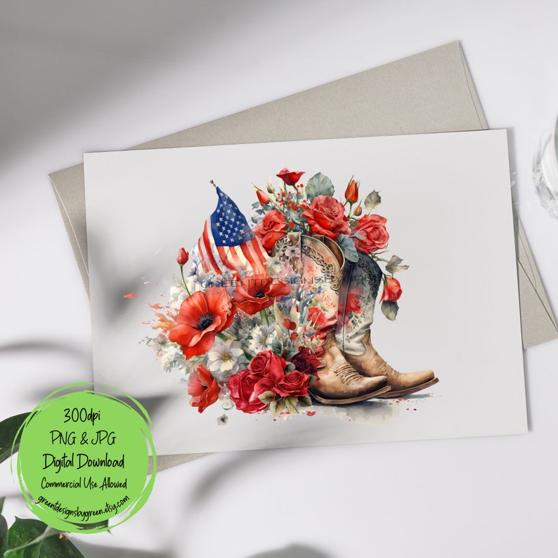 May include: A watercolor illustration of a pair of cowboy boots with red, white, and blue flowers and an American flag. The boots are brown leather with a floral pattern. The flowers are roses, poppies, and daisies.