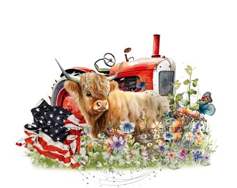 Highland Long-Haired Cow with American Flag & Red Tractor PNG - Rustic Sublimation Graphic