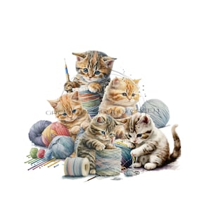 Sublimation PNG pour chatons et pelotes de laine - clipart chats et tricot - amoureux des chats en téléchargement numérique