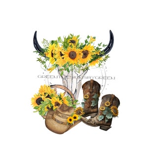 Zonnebloem westerse koe schedel PNG, cowboylaars sublimatie, cowboyhoed PNG, westerse PNG, bloemen clipart cowboylaars clipart, koe schedel clipart
