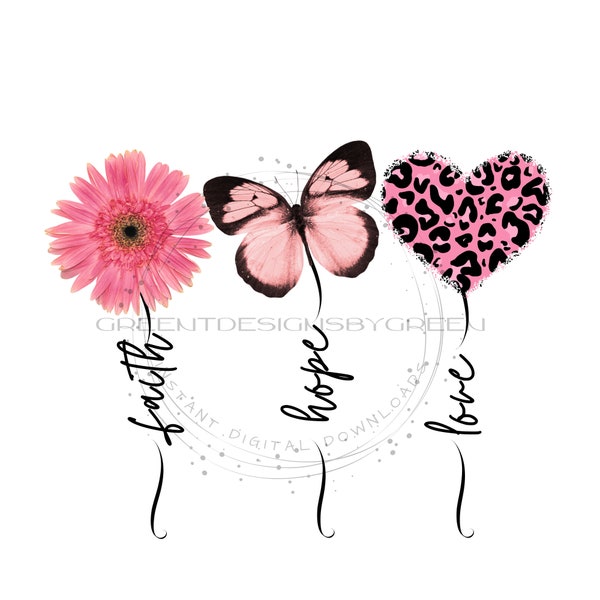 Boutique faith hope love PNG - pink and black butterfly, flower, and leopard print heart - inspiring clipart - digital download