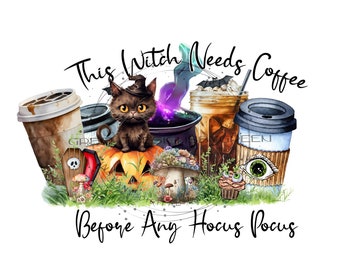 Imágenes prediseñadas de bruja que necesita café – Gatito de Halloween, caldero PNG (Descarga digital)
