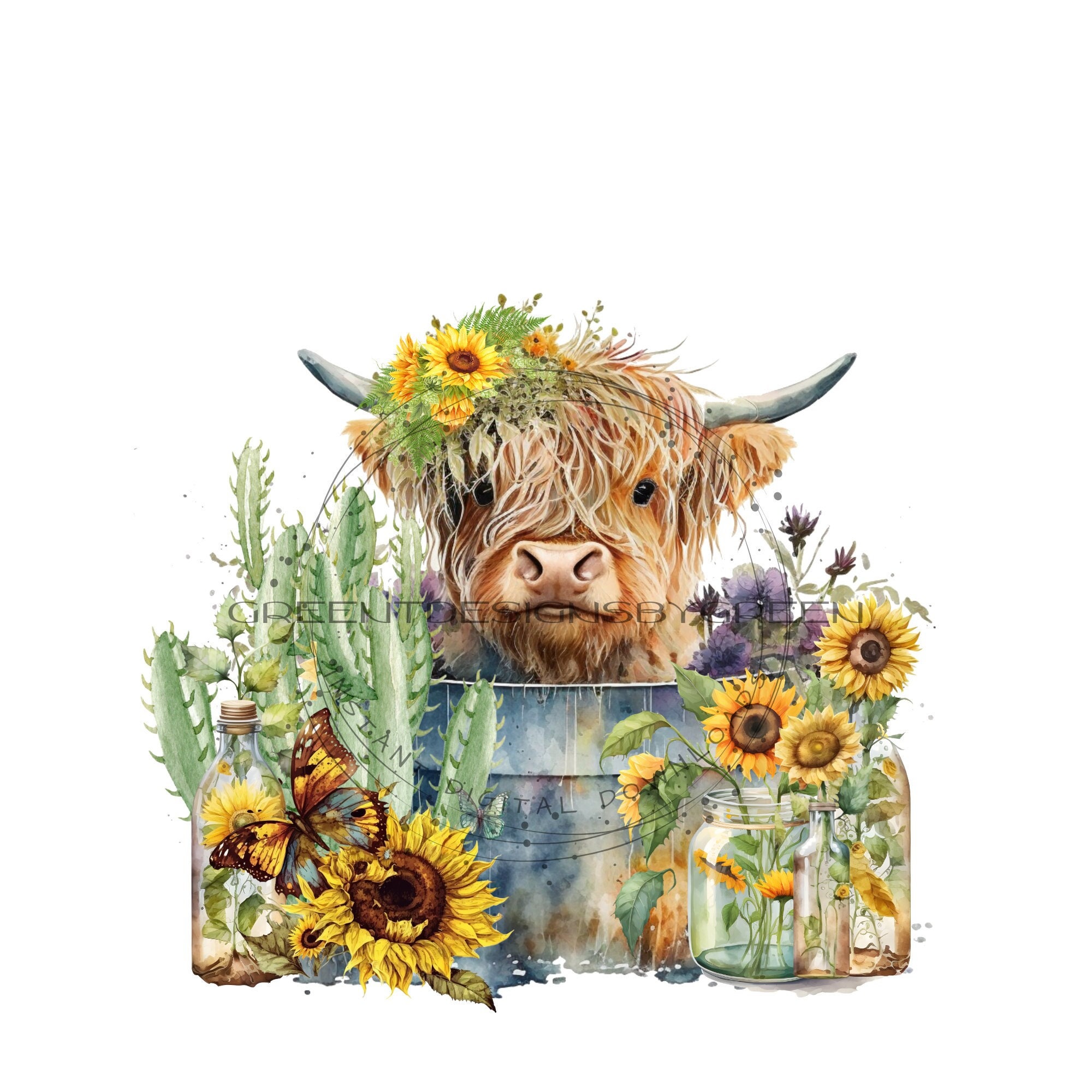 Highland longhaired cow PNG, cute cow sublimation, vintage metal tub PNG, cactus graphic, sunflower clipart, Highland calf PNG, farm Png