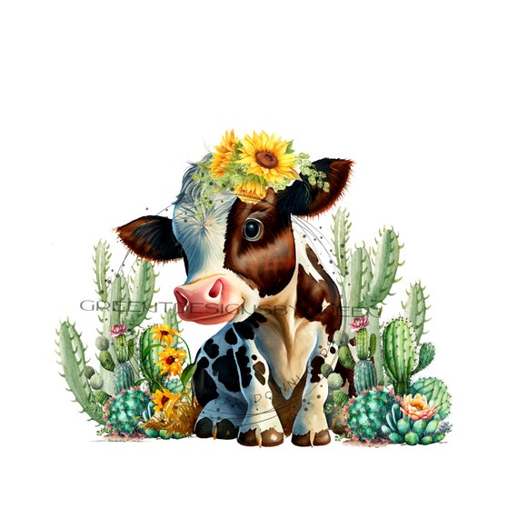 Cow PNG, Cactus and Sunflower, Western Clipart (Digital Download)