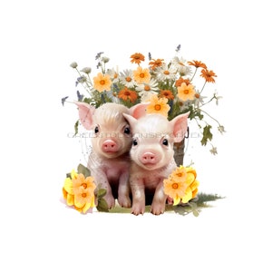 Download PNG de dois porcos bebês fofos, clipart de fundo de flor amarela em vaso exuberante, PNG de porco para sublimação, clipart de porco, clipart de sublimação de fazenda