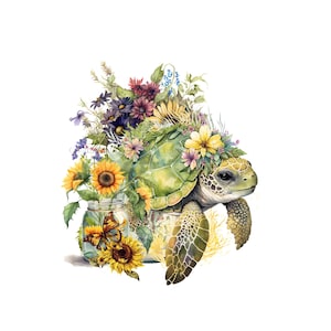 Colorful Turtle Surrounded by Wildflowers and Sunflowers PNG for Sublimation- Swimming Turtle-Sea Life Clipart-Sea Animal Digital Download