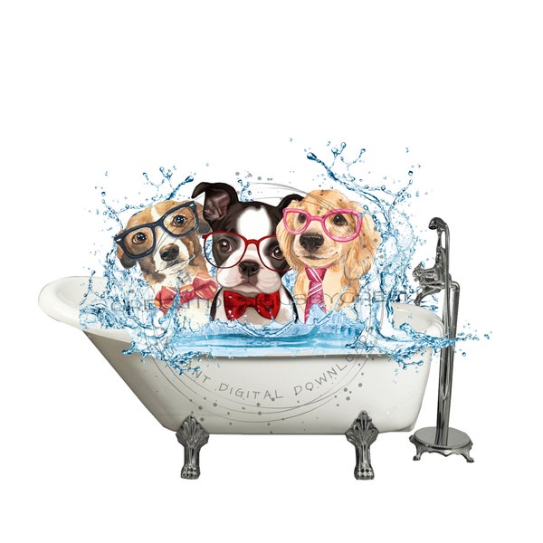 Bathtub PNG, dogs in bathtub clipart, dog sublimation, bathroom clipart, puppy dog sublimation, dog wearing neck tie PNG, dog clipart.