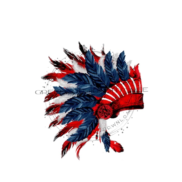 Patriotic Native American Headdress Sublimation PNG - Feather Clipart - Red, White & Blue - Digital Download
