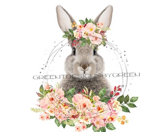 Bunny Rabbit PNG, Easter Clipart PNG, Easter Rabbit PNG, Bunny Sublimation, Pink Flower Png,  Floral Easter Digital Download Clipart.