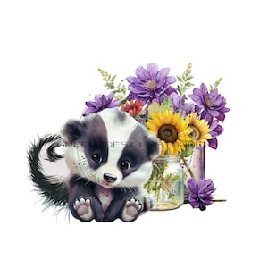 Cute Forrest Skunk PNG- Skunk sublimation PNG - Frascos de pedreiro com flores silvestres e girassóis clipart -Download digital