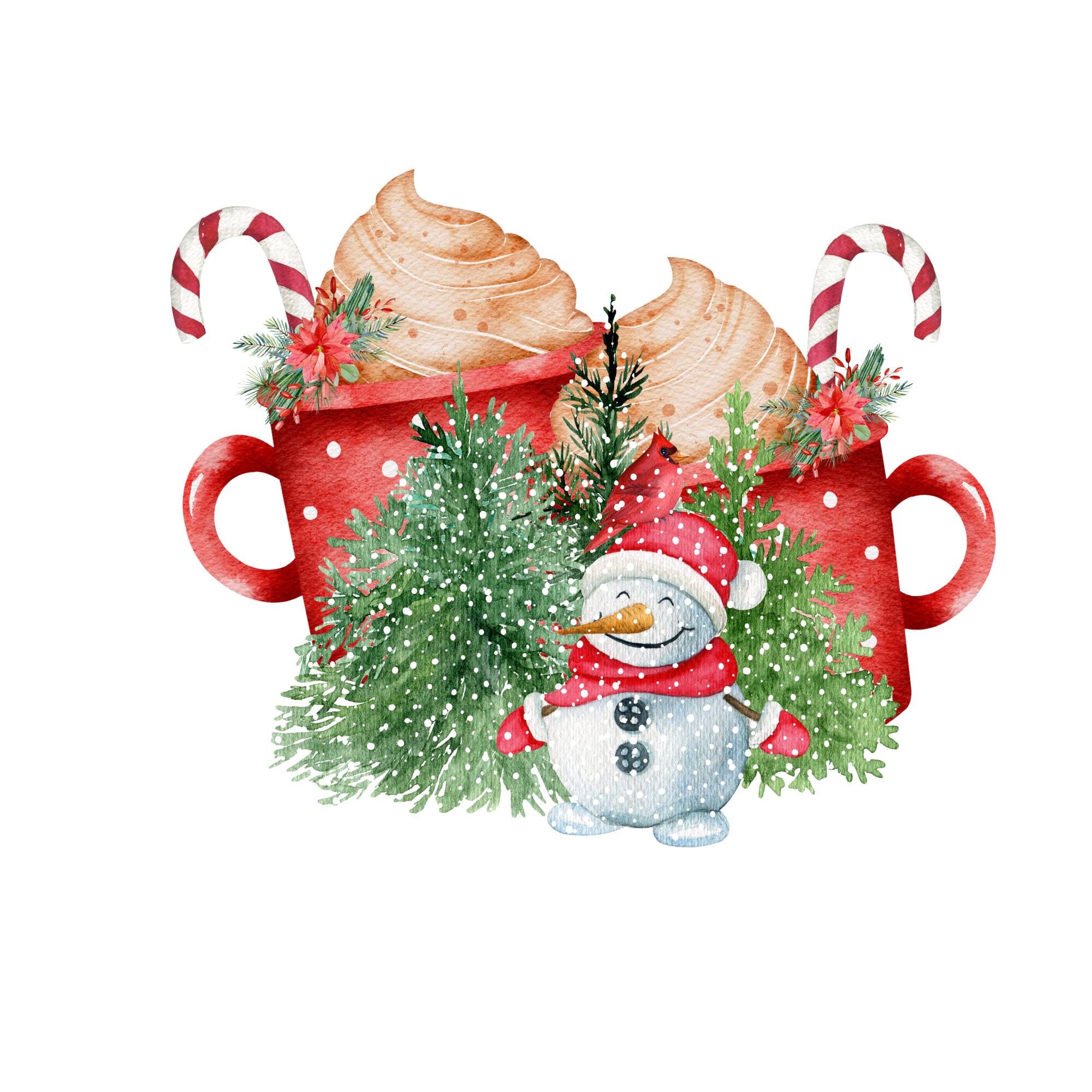 Clipart de boneco de neve alegre e cacau quente - PNG de sublimação de alta qualidade - árvores de Natal, bastões de doces - download digital