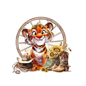 Western Tiger mit Akzenten durch Cowboystiefel, Cowboyhut & rustikales Wagenrad PNG für Sublimation. Tigerjunges Clipart. Western Tiger Bild