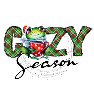 Cozy Season Christmas Sublimation Design - Funny Frog & Coffee Mug Clipart - Hi Res PNG - Plaid Lettering - Instant Digital Download