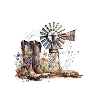 Cowboy Boots & Rustic Windmill Clipart - Wildflower Accents - Western Ranch Sublimation PNG - Digital Download