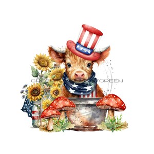Vaca patriótica das montanhas usando lenço vermelho, branco e azul e chapéu patriótico com cogumelos e potes de girassóis americanos.