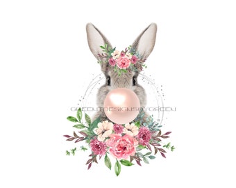 Bunny Chewing Bubble Gum PNG, Floral Rabbit Clipart (Sublimation Digital Download)