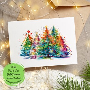 May include: A digital illustration of three colorful Christmas trees with ornaments, lights, and stars. The trees are painted in a watercolor style with a white background.