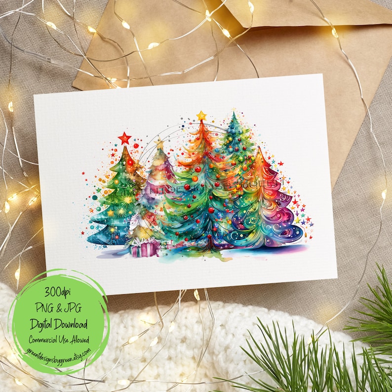 May include: A digital illustration of three colorful Christmas trees with ornaments, lights, and stars. The trees are painted in a watercolor style with a white background.