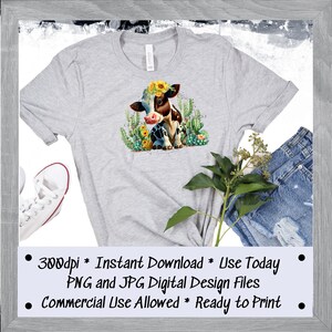 May include: A gray t-shirt with a digital design of a brown and white cow wearing a sunflower crown and surrounded by cacti. The text "300dpi * Instant Download * Use Today PNG and JPG Digital Design Files Commercial Use Allowed * Ready to Print" is printed on the bottom of the image.