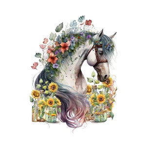 Clipart cheval majestueux lunatique - crinière florale vibrante - boho sublimation PNG - bouteilles en verre avec tournesols ajouter fantaisie - téléchargement numérique