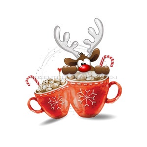 Santa's Reindeer & Two Hot Chocolates Sublimation PNG - Red Mugs with Snowflakes, Candy Canes - Christmas Design - Digital Download