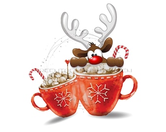 Rena do Papai Noel e dois chocolates quentes Sublimação PNG - Canecas vermelhas com flocos de neve, bastões de doces - Design de Natal - Download digital