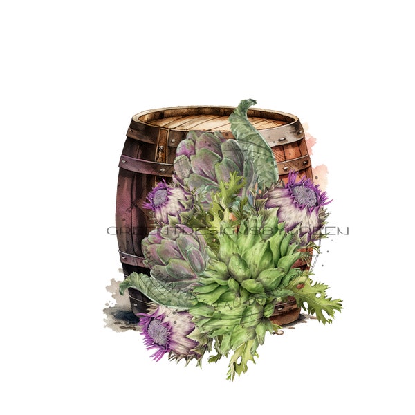 Rustic Oak Barrel & Artichoke Clipart - Sublimation PNG and Printable JPG - Digital Download