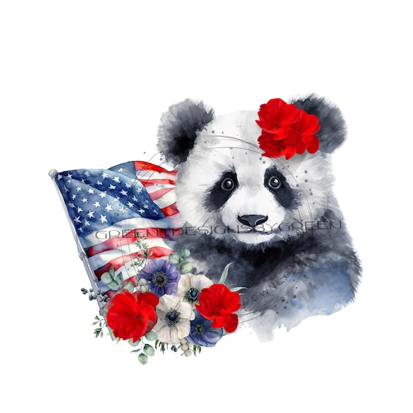 Patriotic Panda Bear Clipart - Hip Design with Headband, Jean Jacket, and Flag T-shirt - Digital Download