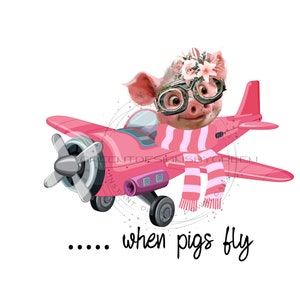 Schattig biggetje stijgende retro vliegtuig PNG voor sublimatie-vloeiende roze sjaal, pilotenbril en bloemafbeelding... "wanneer varkens vliegen" Download