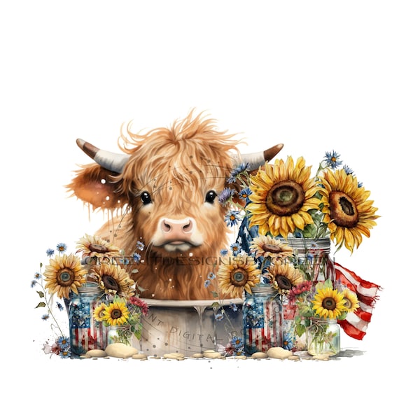 Beautiful Patriotic Calf PNG for Sublimation, Image embellished with yellow sunflowers, red & blue flowers, metal tub and American flag