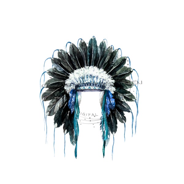 Black, white & blue feather headpiece clipart - Feather Headdress Sublimation PNG and Printable JPG - Instant Download