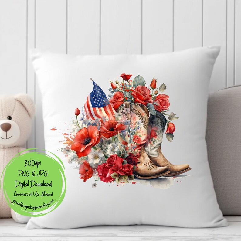 May include: A digital download of a watercolor painting featuring a pair of cowboy boots with red, white, and blue flowers, a poppy, and an American flag. The text "300dpi PNG & JPG Digital Download Commercial Use Allowed" is in the lower left corner.