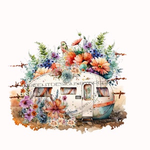 Vintage Camper PNG for Sublimation, Wildflower Clipart, Rustic Fence - Camping Design - Digital Download