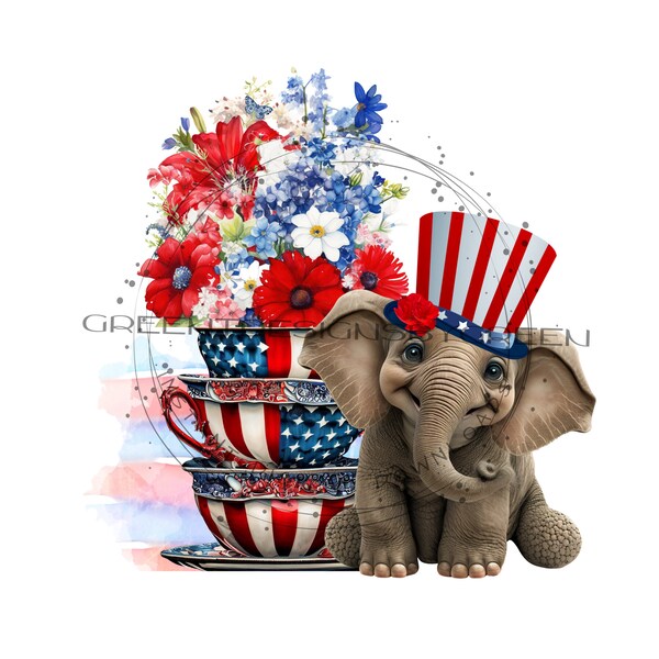 Patriotic Elephant with American Flag Tea Cups and Top Hat PNG - Independence Day Clipart