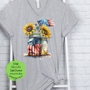 May include: A digital download of a watercolor painting featuring two mason jars with sunflowers and an American flag. The jars are decorated with a red, white, and blue American flag design. The sunflowers are yellow with brown centers. The background is a light gray.