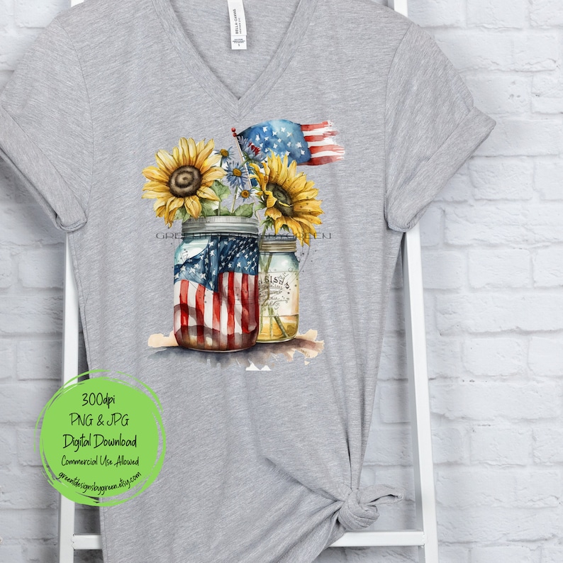 May include: A digital download of a watercolor painting featuring two mason jars with sunflowers and an American flag. The jars are decorated with a red, white, and blue American flag design. The sunflowers are yellow with brown centers. The background is a light gray.