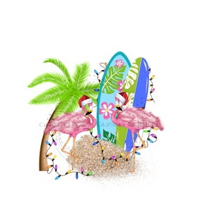 Pink Flamingo Surfer Christmas Sublimation PNG - Beach, Surf Boards, Palm Trees, Christmas Lights - Digital Download