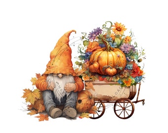 Fall Gnome Clipart – Vintage Wagon, Autumn Harvest (Digital Download)