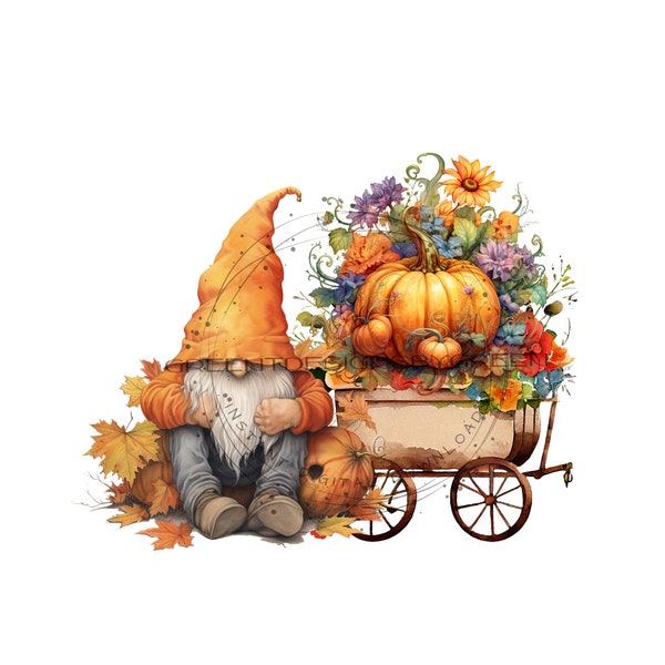 Fall Gnome & Autumn Harvest Clipart - Vintage Wagon - Pumpkins, Flowers, Fall Leaf - Sublimation PNG, Printable JPG - Digital Download