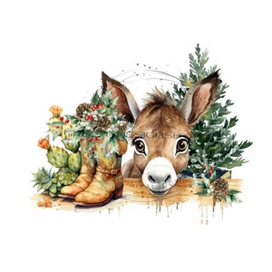 Donkey Western Christmas PNG for Sublimation - Humorous Donkey, Cowboy Boots, Cactus, Christmas Tree Clipart Design - Digital Download