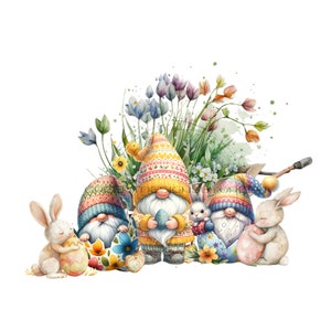 Drie schattige kabouters & bloem gevulde rustieke kruiwagen-wild konijn PNG - Gnome PNG -Tulip Garden Clipart voor sublimatie-digitale download