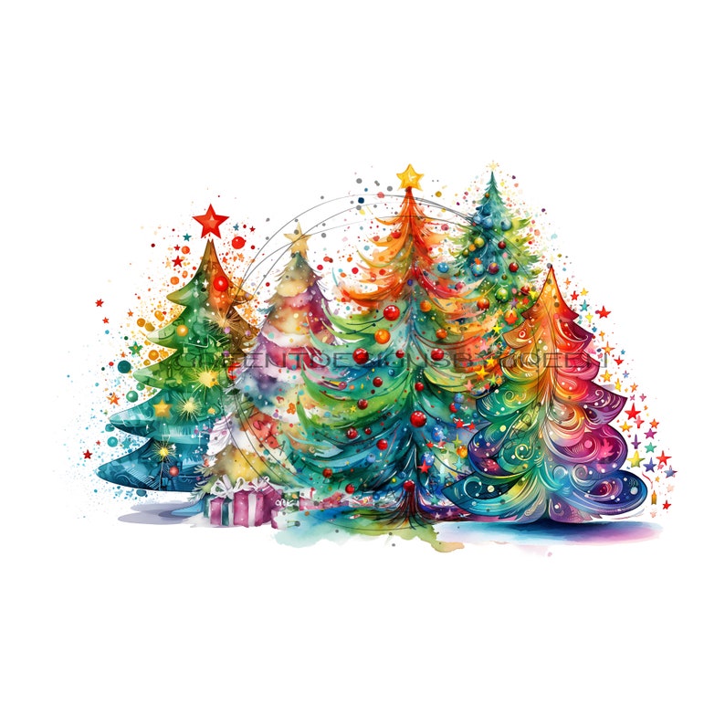 May include: A watercolor painting of five colorful Christmas trees with ornaments and stars. The trees are arranged in a semi-circle with a gift box in the foreground.