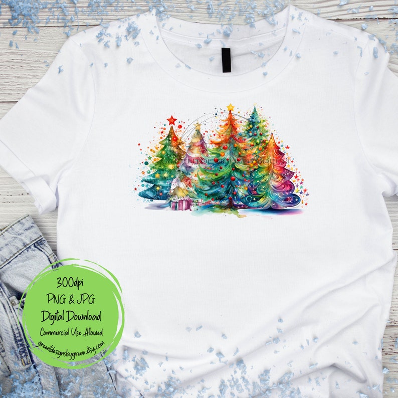 May include: A digital download of a watercolor painting of four colorful Christmas trees with stars and lights. The trees are on a white background with a light blue and white speckled pattern.
