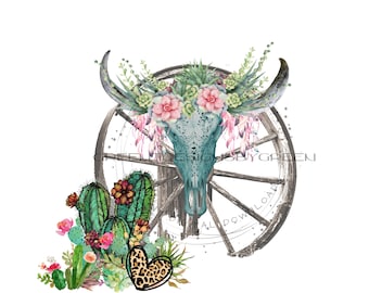 Rustic BoHo Southwest Wagon Wheel Clipart - Blue Cow Skull, Pink Flowers, Succulents, Feathers, Cacti - PNG & JPG formats - Digital Download