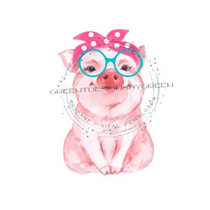 Whimsical Pink Pig with Colorful Glasses & Cute Hairbow Sublimation PNG - Playful Farm Animal Clipart - Digital Download
